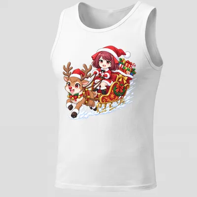 Kawaii design of a girl with a reindeer in a sleigh, with festive text beneath — printed on a tank top