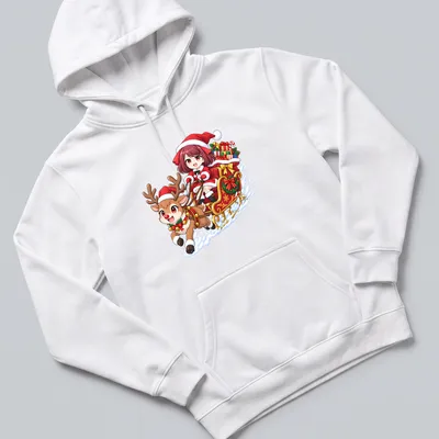 Kawaii design of a girl with a reindeer in a sleigh, with festive text beneath — printed on a unisex hoodie