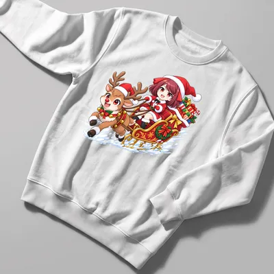 Kawaii design of a girl with a reindeer in a sleigh, with festive text beneath — printed on a unisex sweatshirt