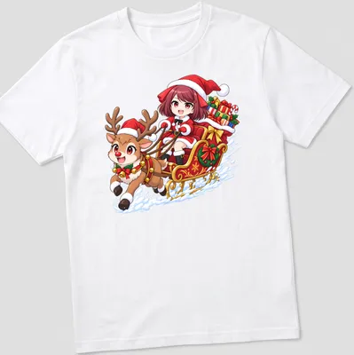 Kawaii design of a girl with a reindeer in a sleigh, with festive text beneath
