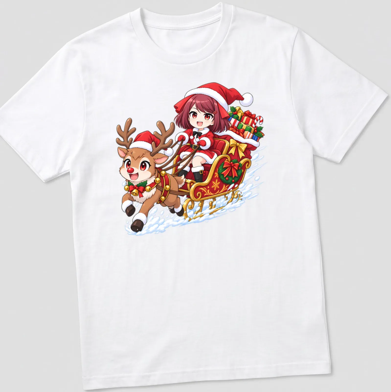 Kawaii design of a girl with a reindeer in a sleigh, with festive text beneath — printed on a unisex t-shirt