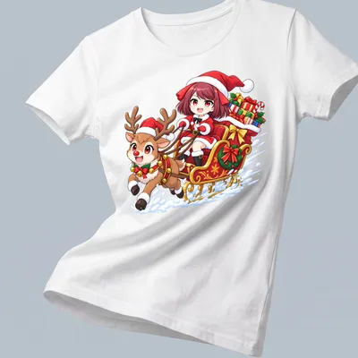 Kawaii design of a girl with a reindeer in a sleigh, with festive text beneath — printed on a women's shirt