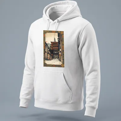 Japanese woodblock print of Yasaka Pagoda in vibrant colors — printed on a unisex hoodie