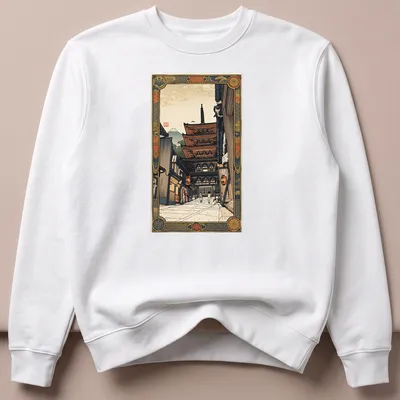 Japanese woodblock print of Yasaka Pagoda in vibrant colors — printed on a unisex sweatshirt