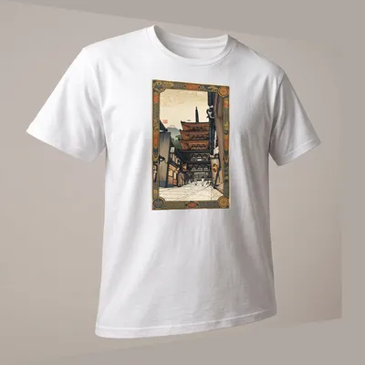 Japanese woodblock print of Yasaka Pagoda in vibrant colors — printed on a unisex t-shirt (angled view)