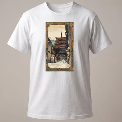 Japanese woodblock print of Yasaka Pagoda in vibrant colors — printed on a unisex t-shirt