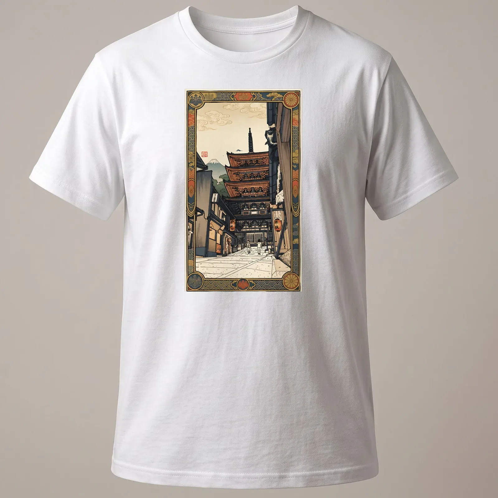 Japanese woodblock print of Yasaka Pagoda in vibrant colors — printed on a unisex t-shirt