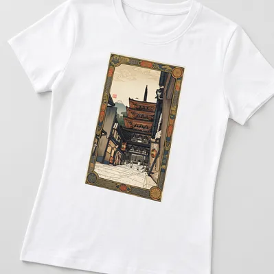 Japanese woodblock print of Yasaka Pagoda in vibrant colors — printed on a women's shirt