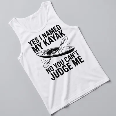 Bold graphic t-shirt featuring kayak and text about naming it — printed on a tank top