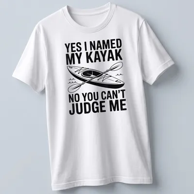 Bold graphic t-shirt featuring kayak and text about naming it — printed on a unisex t-shirt