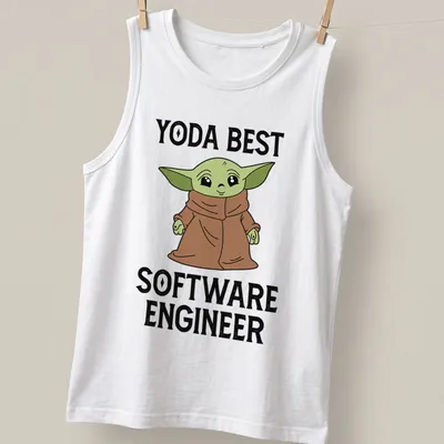 Cartoon Yoda graphic with the text Yoda Best Software Engineer in green, brown, and black — printed on a tank top