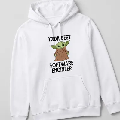 Cartoon Yoda graphic with the text Yoda Best Software Engineer in green, brown, and black — printed on a unisex hoodie