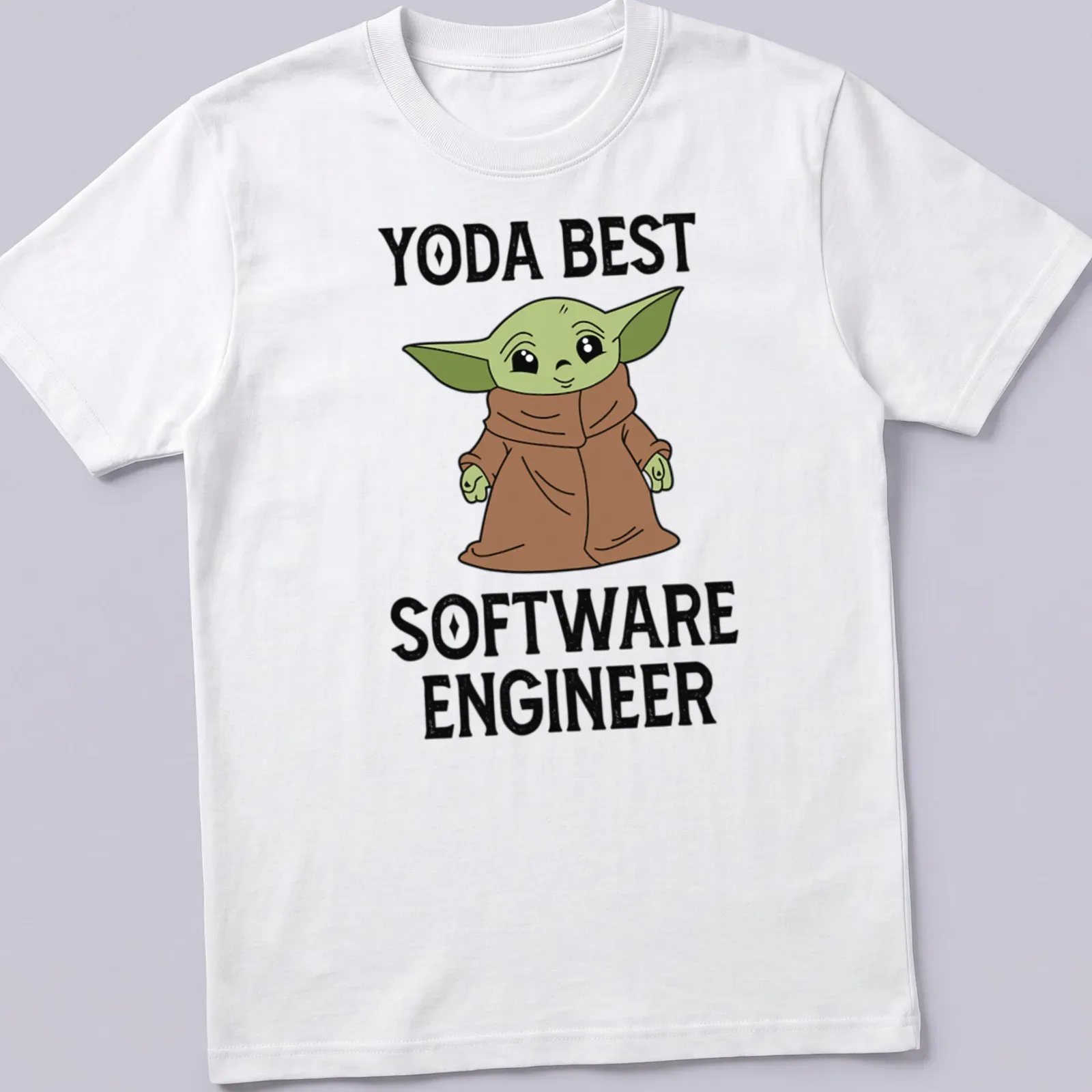 Cartoon Yoda graphic with the text Yoda Best Software Engineer in green, brown, and black — printed on a unisex t-shirt