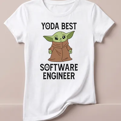 Cartoon Yoda graphic with the text Yoda Best Software Engineer in green, brown, and black — printed on a women's shirt