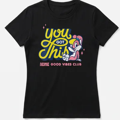 Colorful cartoon T-shirt featuring Lola Bunny with positive text design — printed on a women's shirt