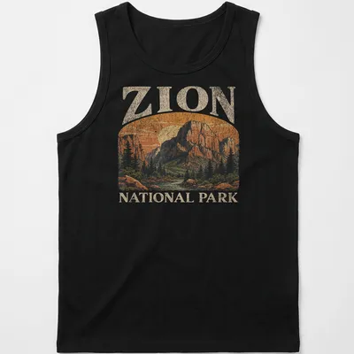 Vintage illustrated t-shirt featuring the Zion National Park landscape in warm colors — printed on a tank top