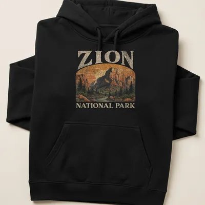 Vintage illustrated t-shirt featuring the Zion National Park landscape in warm colors — printed on a unisex hoodie