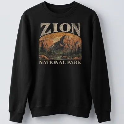 Vintage illustrated t-shirt featuring the Zion National Park landscape in warm colors — printed on a unisex sweatshirt