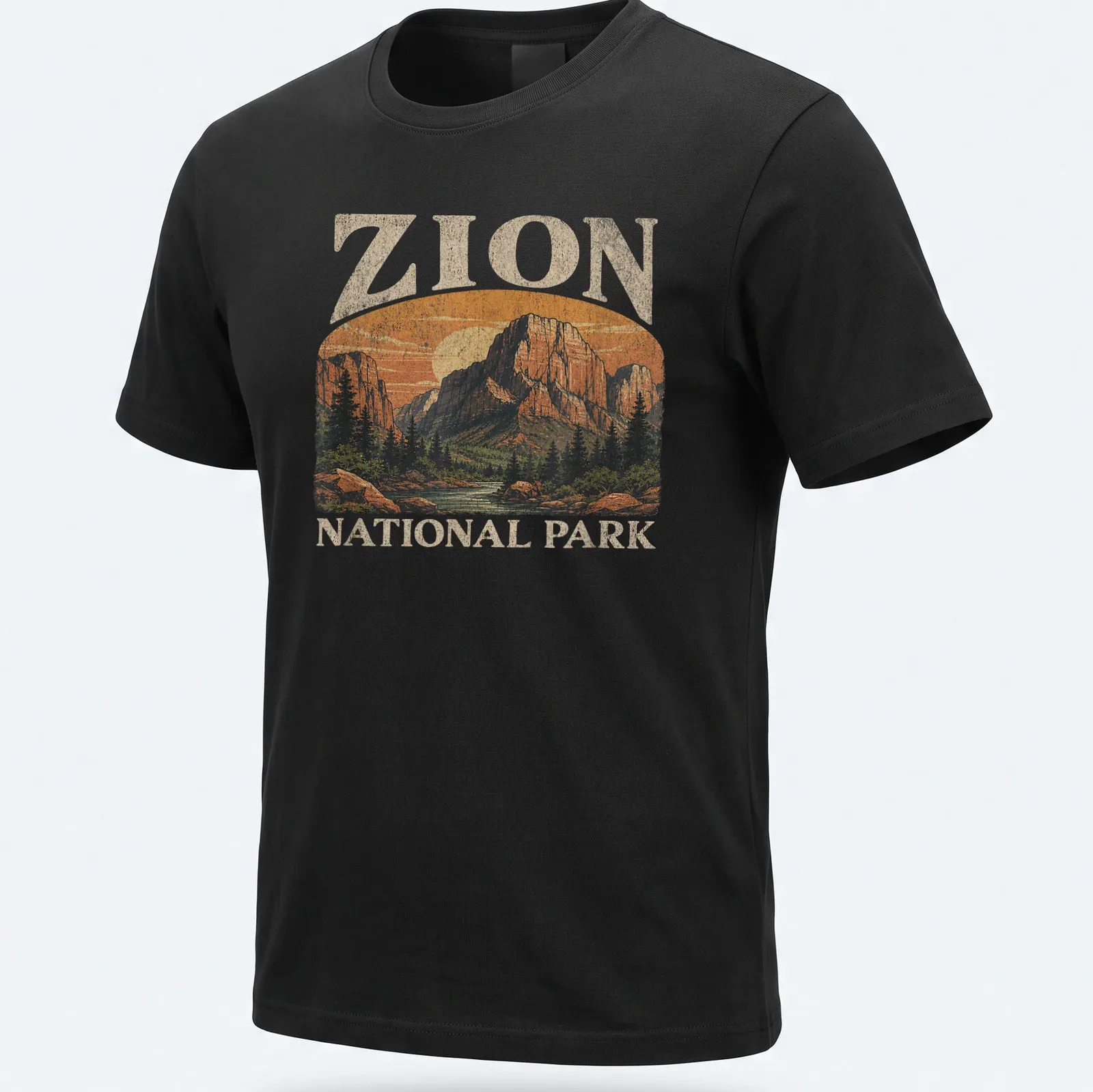 Vintage illustrated t-shirt featuring the Zion National Park landscape in warm colors — printed on a unisex t-shirt