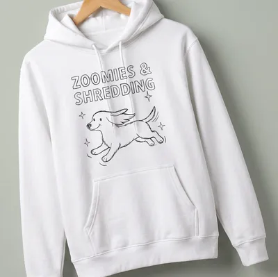Hand drawn design of a running dog with the text Zoomies & Shredding in black and white — printed on a unisex hoodie