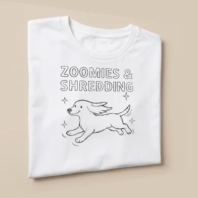 Hand drawn design of a running dog with the text Zoomies & Shredding in black and white — printed on a unisex t-shirt (angled view)