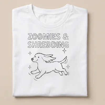 Hand drawn design of a running dog with the text Zoomies & Shredding in black and white