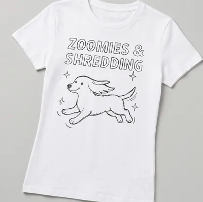Hand drawn design of a running dog with the text Zoomies & Shredding in black and white — printed on a women's shirt