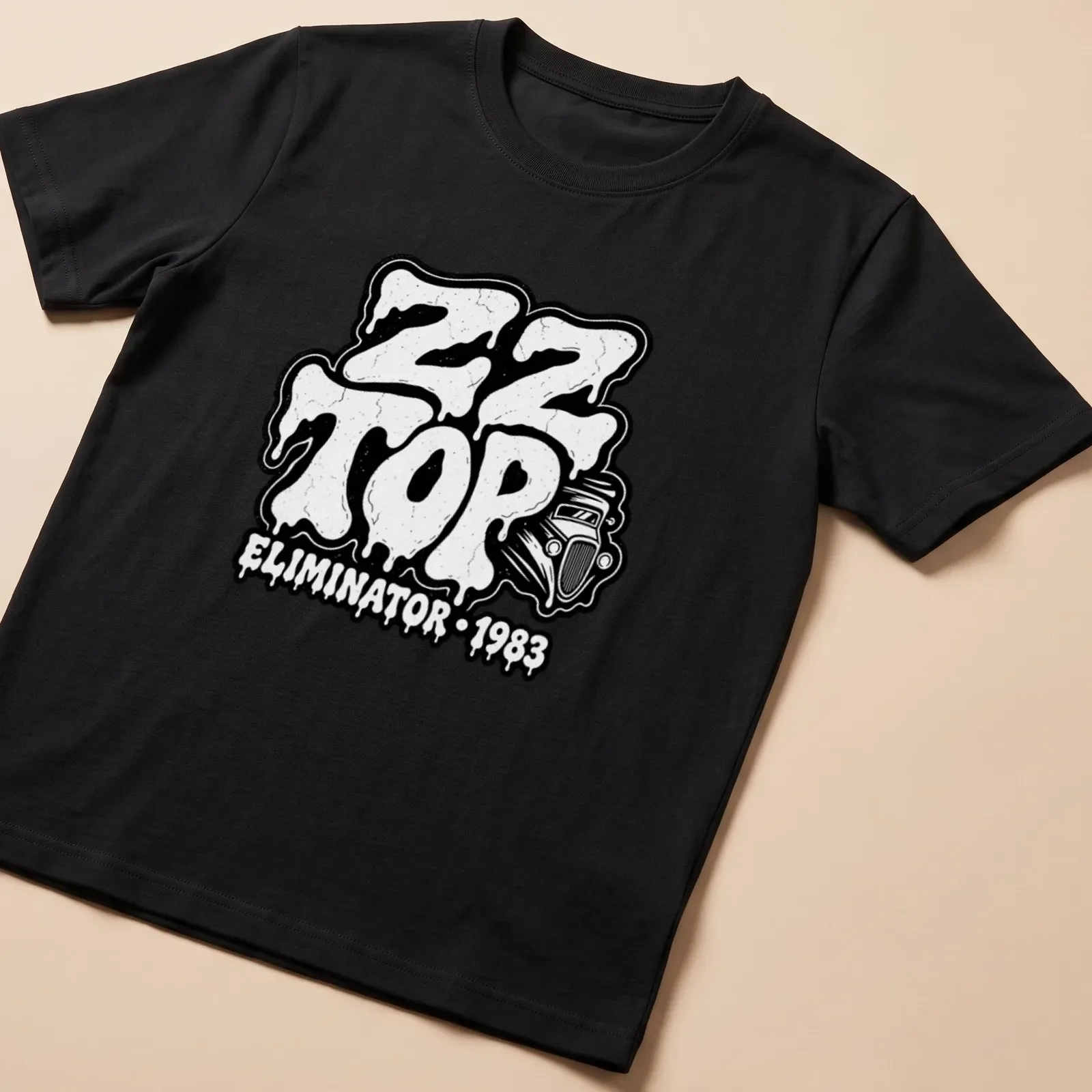 Vintage T-shirt featuring dripping font and classic car design for ZZ Top fans — printed on a unisex t-shirt